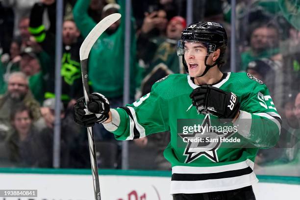 Wyatt Johnston of the Dallas Stars celebrates his third period goal against the Los Angeles Kings at American Airlines Center on January 16, 2024 in...