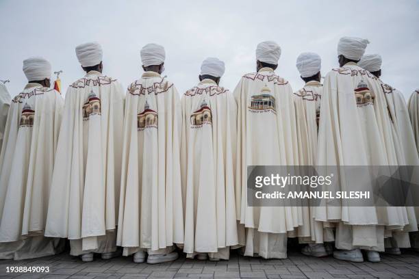 Ethiopian Orthodox High Priests pray during the celebration of the Ethiopian Epiphany in Addis Ababa, Ethiopia on January 20, 2024. Timkat is the...