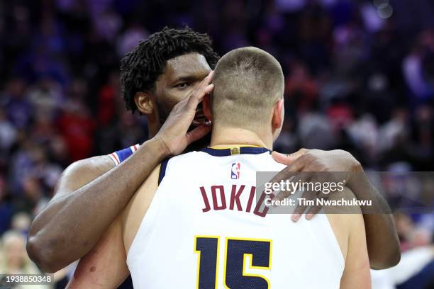 Joel Embiid of the Philadelphia 76ers and Nikola Jokic of the Denver Nuggets speak following a game at the Wells Fargo Center on January 16, 2024 in...