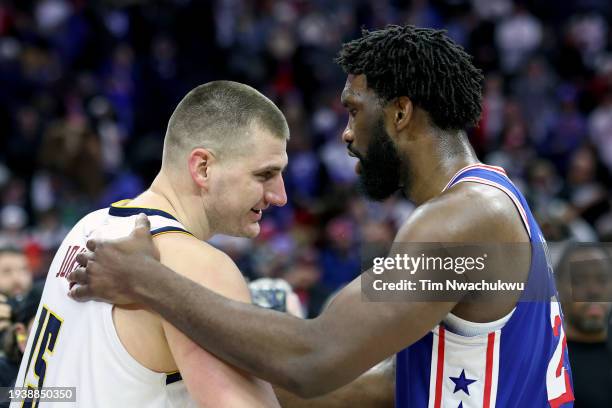 Joel Embiid of the Philadelphia 76ers and Nikola Jokic of the Denver Nuggets speak following a game at the Wells Fargo Center on January 16, 2024 in...