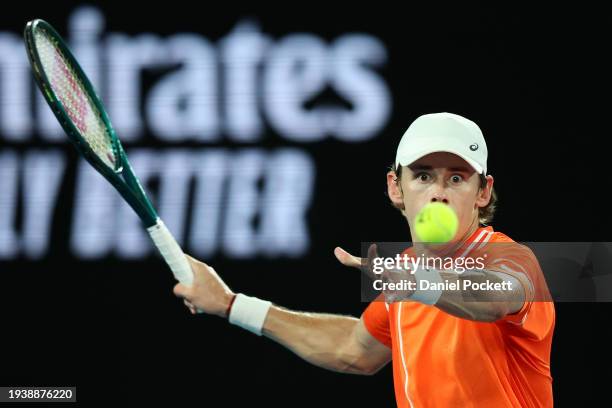 Alex de Minaur of Australia plays a forehand in their round two singles match against Matteo Arnaldi of Italy during the 2024 Australian Open at...