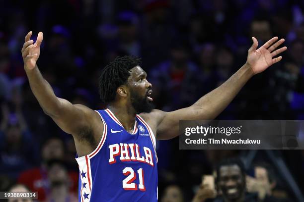 Joel Embiid of the Philadelphia 76ers reacts during the fourth quarter against the Denver Nuggets at the Wells Fargo Center on January 16, 2024 in...