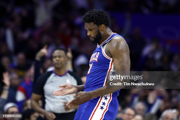 Joel Embiid of the Philadelphia 76ers reacts during the fourth quarter against the Denver Nuggets at the Wells Fargo Center on January 16, 2024 in...