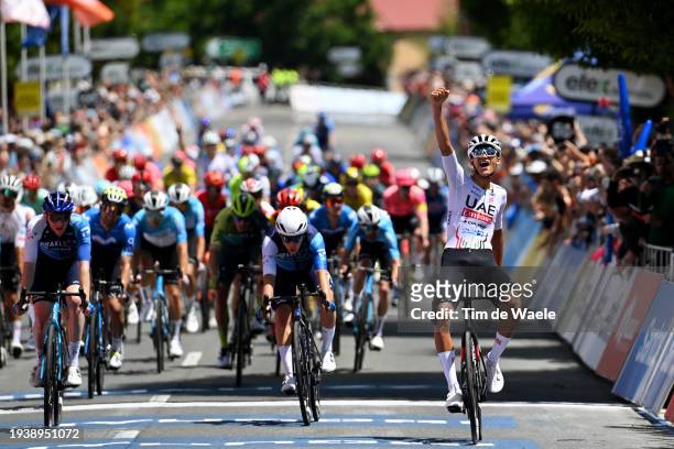 Isaac Del Toro Romero of Mexico and UAE Team Emirates celebrates at finish line as stage winner during the 24th Santos Tour Down Under 2024, Stage 2...