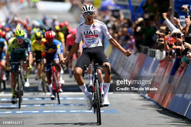 Isaac Del Toro Romero of Mexico and UAE Team Emirates celebrates at finish line as stage winner during the 24th Santos Tour Down Under 2024, Stage 2...