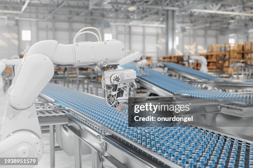 Smart Manufacturing Factory With Robotic Arms Working On Medicine Production On Conveyor Belt Smart Manufacturing Factory With Robotic Arms Working On Medicine Production On Conveyor Belt
