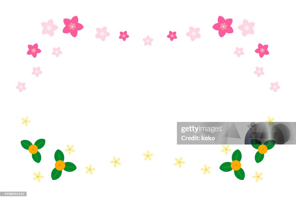 Traditional Japanese Culture, Hinamatsuri. Citrus Fruit, Citrus Flower, Peach Blossom, Frame.