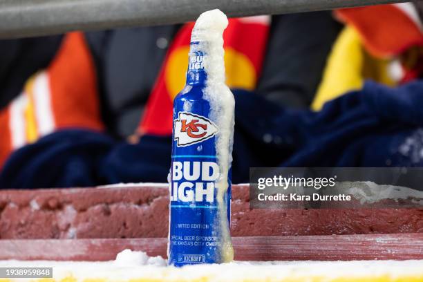 Bud Light is frozen during an NFL wild-card playoff football game between the Miami Dolphins and Kansas City Chiefs at GEHA Field at Arrowhead...