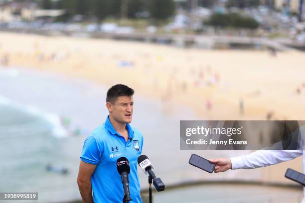 Joe Lolley speaks at Bondi Beach during a Sydney FC A-League media opportunity to announce his two year contract extension on January 17, 2024 in...