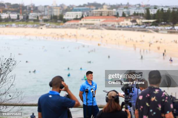 Joe Lolley speaks at Bondi Beach during a Sydney FC A-League media opportunity to announce his two year contract extension on January 17, 2024 in...