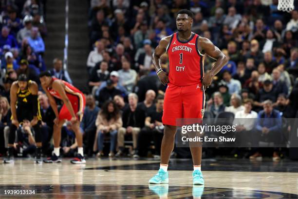 Zion Williamson of the New Orleans Pelicans stands on the court during their game against the Golden State Warriors at Chase Center on January 10,...