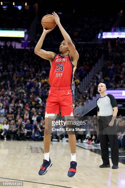 Trey Murphy III of the New Orleans Pelicans shoots the ball against the Golden State Warriors at Chase Center on January 10, 2024 in San Francisco,...