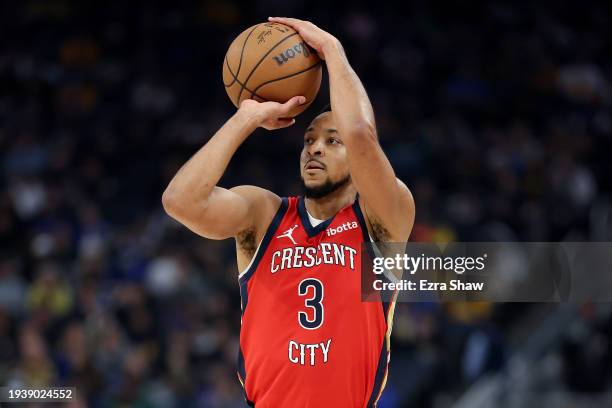 McCollum of the New Orleans Pelicans shoots the ball against the Golden State Warriors at Chase Center on January 10, 2024 in San Francisco,...