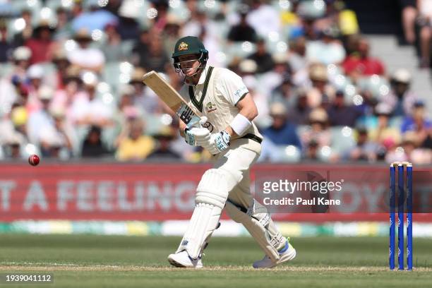 Steve Smith of Australia bats during the Mens Test match series between Australia and West Indies at Adelaide Oval on January 17, 2024 in Adelaide,...
