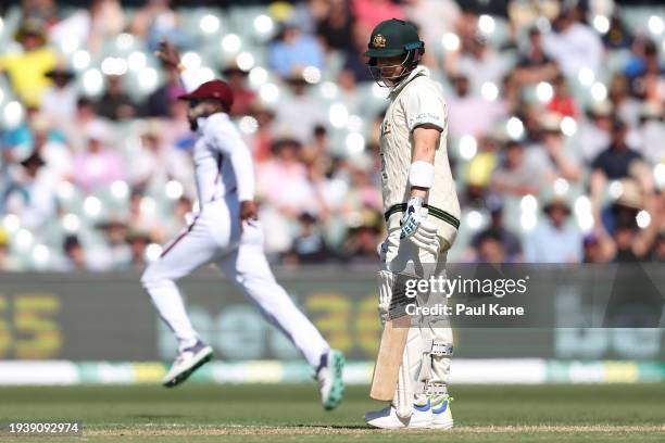 Steve Smith of Australia looks on after being dismissed by Shamar Joseph of the West Indies during the Mens Test match series between Australia and...