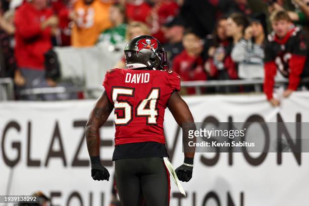 Lavonte David of the Tampa Bay Buccaneers celebrates after a safety during an NFL wild-card playoff football game against the Philadelphia Eagles at...