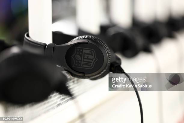 Detail shot of a coach’s headset on a bench prior to an NFL wild-card playoff football game between the Tampa Bay Buccaneers and the Philadelphia...