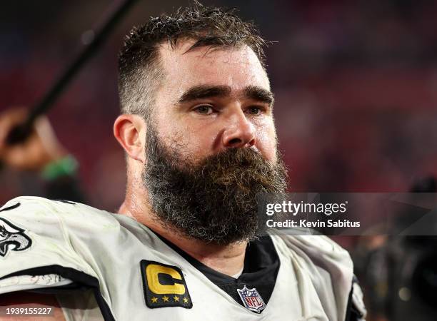 Jason Kelce of the Philadelphia Eagles looks on after an NFL wild-card playoff football game against the Tampa Bay Buccaneers at Raymond James...