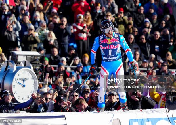 France's Cyprien Sarrazin reacts after the first run of the Men's Downhill event of FIS Alpine Skiing World Cup in Kitzbuehel, Austria on January 20,...