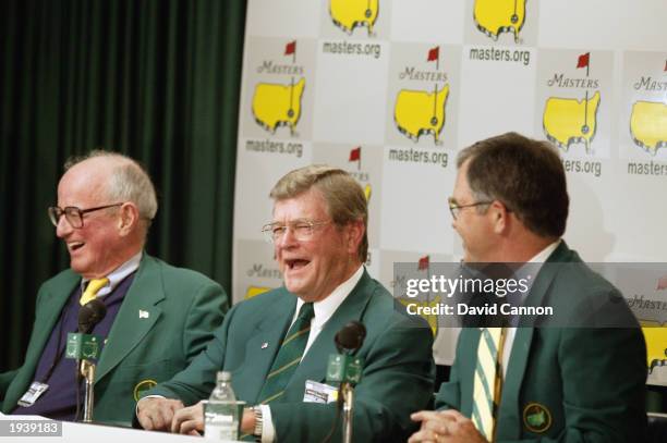 Hootie Johnson Chairman of the Augusta National Golf Club with Will Nicholson-Left -Right Billy Payne during the Chairman's press conference on the...