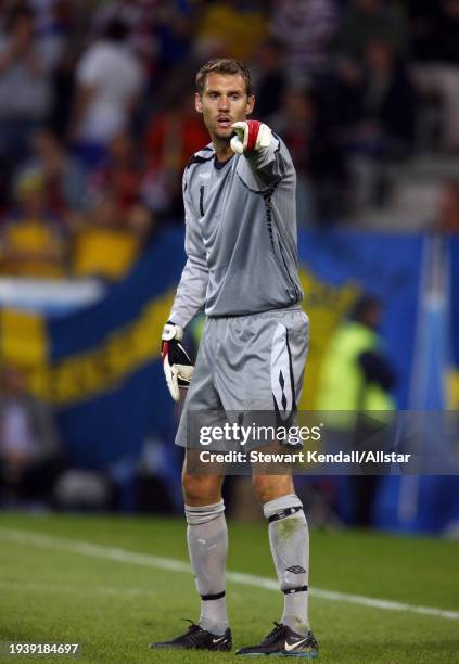 June 18: Andreas Isaksson of Sweden in action during the UEFA Euro 2008 Group D match between Russia and Sweden at Tivoli Neu on June 18, 2008 in...