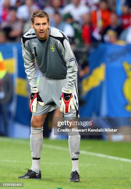 June 18: Andreas Isaksson of Sweden on the ball during the UEFA Euro 2008 Group D match between Russia and Sweden at Tivoli Neu on June 18, 2008 in...