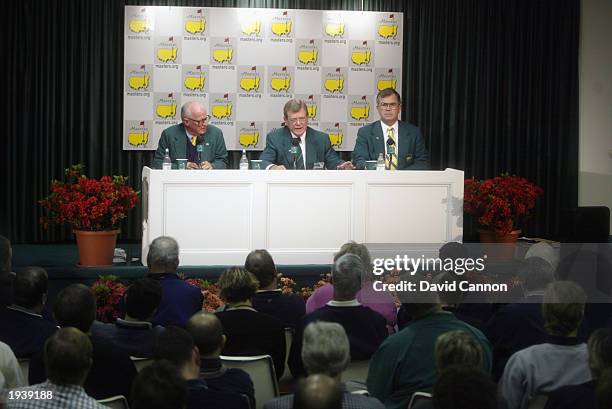Hootie Johnson Chairman of the Augusta National Golf Club with Will Nicholson-Left -Right Billy Payne during the Chairman's press conference on the...