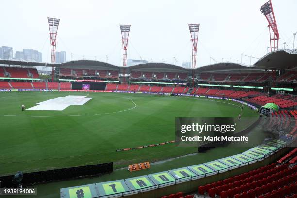 Covers lie on the wicket as rain falls ahead of the BBL match between Sydney Thunder and Melbourne Renegades at GIANTS Stadium, on January 17 in...