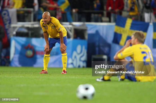 June 18: Henrik Larsson of Sweden and Marcus Allback of Sweden looks dejected after the UEFA Euro 2008 Group D match between Russia and Sweden at...