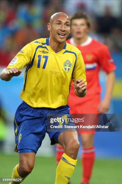 June 18: Henrik Larsson of Sweden running during the UEFA Euro 2008 Group D match between Russia and Sweden at Tivoli Neu on June 18, 2008 in...