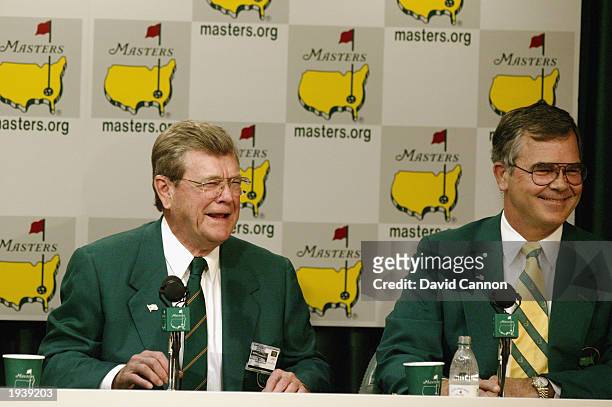 Hootie Johnson Chairman of the Augusta National Golf Club with Billy Payne during the packed Chairman's press conference on the eve of the 2003...