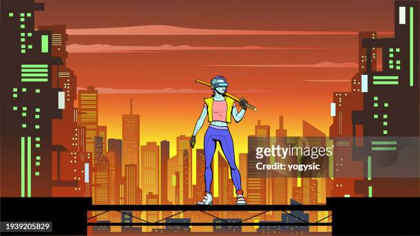 stockillustraties, clipart, cartoons en iconen met vector female cyberpunk mercenary with city skyline background vector illustration - visor digital