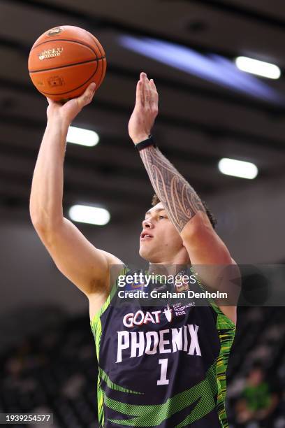 Anzac Rissetto of the Phoenix warms up prior to the round 16 NBL match between South East Melbourne Phoenix and Adelaide 36ers at State Basketball...