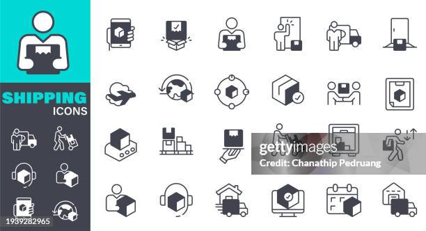 shipping icons set. solid icon collection. vector graphic elements, symbol, freight transportation, delivering, shipping, ordering - white empty warehouse stock illustrations