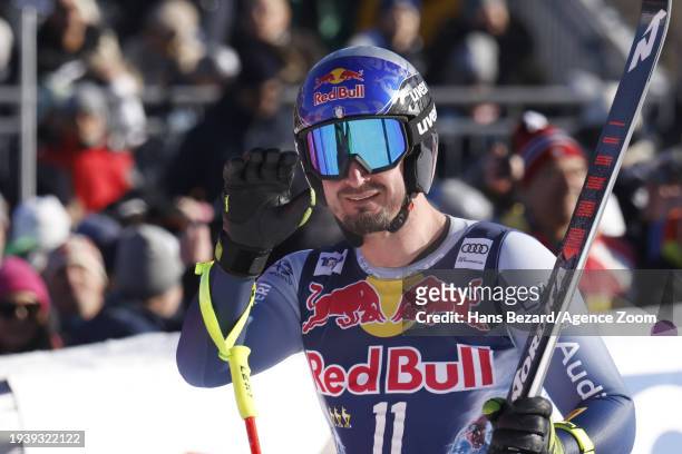 Dominik Paris of Team Italy reacts during the Audi FIS Alpine Ski World Cup Men's Downhill on January 20, 2024 in Kitzbuehel, Austria.