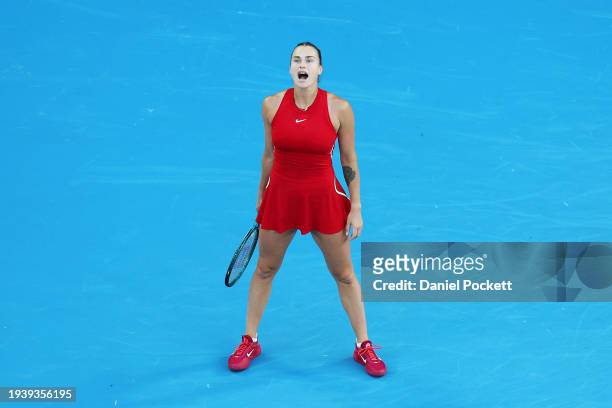 Aryna Sabalenka reacts in their round two singles match against Linda Fruhvirtova of the Czech Republic during the 2024 Australian Open at Melbourne...