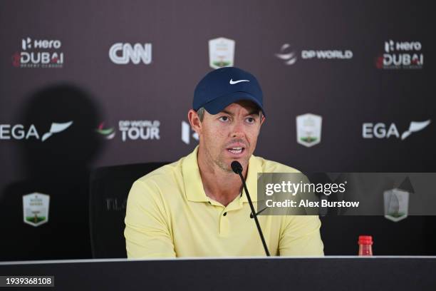 Rory McIlroy of Northern Ireland talks to the media during a press conference prior to the Hero Dubai Desert Classic at Emirates Golf Club on January...