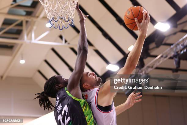 Isaac Humphries of the 36ers drives at the basket during the round 16 NBL match between South East Melbourne Phoenix and Adelaide 36ers at State...