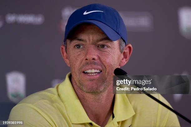 Rory McIlroy of Northern Ireland talks to the media during a press conference prior to the Hero Dubai Desert Classic at Emirates Golf Club on January...