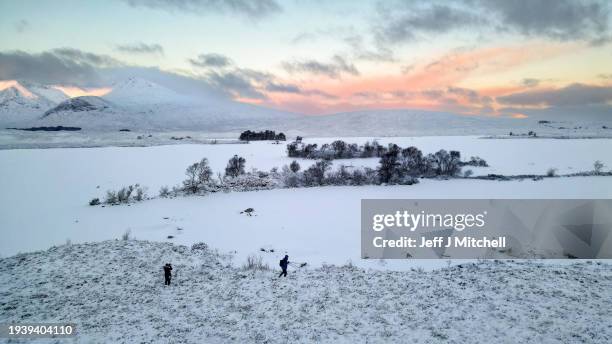 View of a frozen Lochan na Achlaise on January 17, 2024 in Rannoch Moor, Scotland. The UK is in the grip of a cold spell, with Arctic air sweeping in...