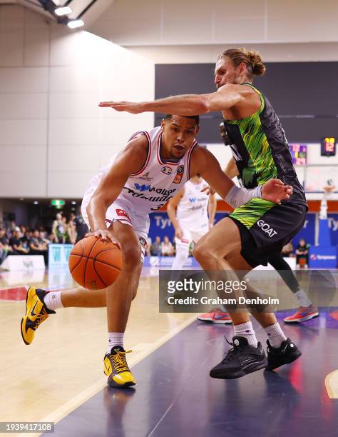 Trey Kell III of the 36ers drives at the basket during the round 16 NBL match between South East Melbourne Phoenix and Adelaide 36ers at State...