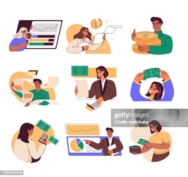 bildbanksillustrationer, clip art samt tecknat material och ikoner med accounting concept illustration. income and expenses calculation. flat vector illustrations isolated on white background. use for business annual report, flyer, brochure, leaflet, modern style. - skatt