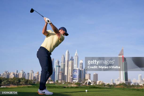 Rory McIlroy of Northern Ireland tees off during the pro-am as a preview for the Hero Dubai Desert Classic at Emirates Golf Club on January 17, 2024...