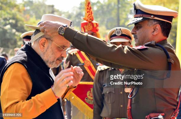 Union Home Minister Amit Shah is being felicitated during the 60th Raising Day ceremony of the Sashastra Seema Bal in Sonitpur District, Assam,...