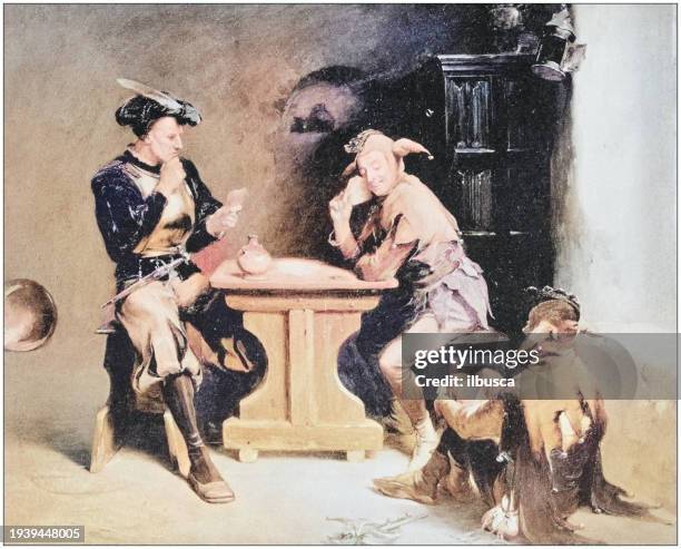 antique photo of paintings: playing cards with jokers - jester stock illustrations