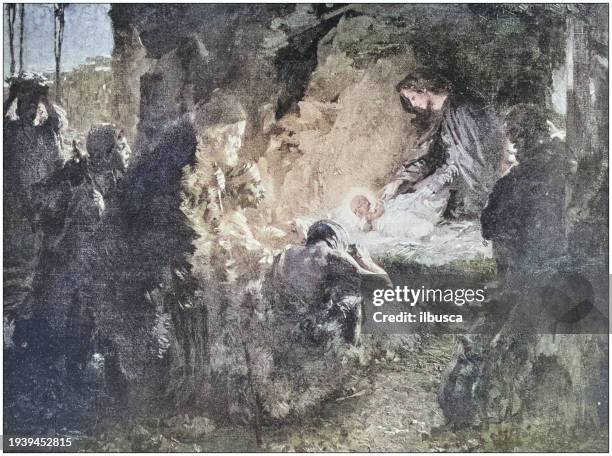 bildbanksillustrationer, clip art samt tecknat material och ikoner med antique photo of paintings: nativity - julkrubba
