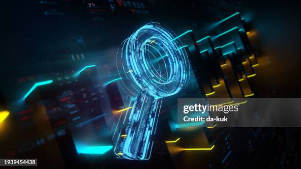 digitales suchsymbol auf zukünftigem tech-hintergrund. entwicklung der suchmaschinen. futuristisches suchsymbol und abstraktes diagramm in der welt des technologischen fortschritts und der innovation. cgi-3d-rendering - auflösen stock-fotos und bilder