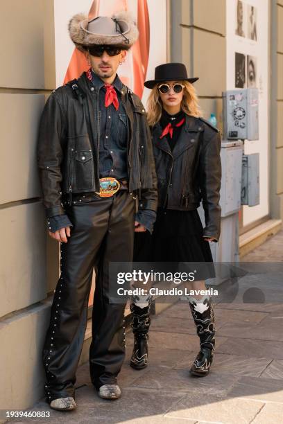 Guests wear blue denim shirt, black leather jacket and black leather pants, cowboy belt and taupe cowboy hat , and black leather jacket, black skirt,...