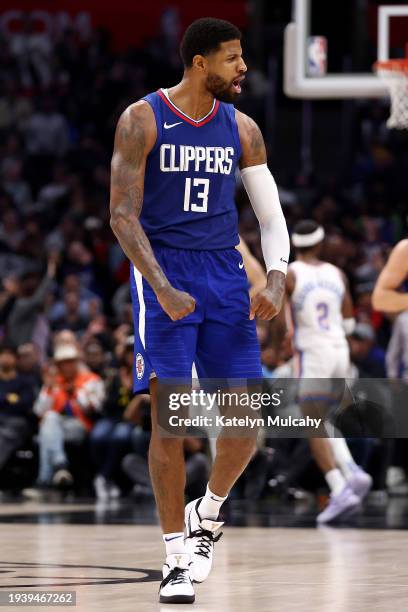 Paul George of the Los Angeles Clippers celebrates after a three-point basket during the fourth quarter against the Oklahoma City Thunder at...