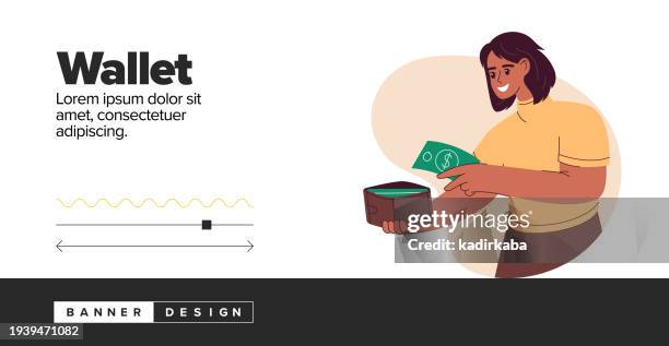 ilustraciones, imágenes clip art, dibujos animados e iconos de stock de ilustración del concepto de billetera. mujer poniendo dinero en la cartera. ilustraciones vectoriales planas aisladas sobre fondo blanco. úselo para el informe anual del negocio, volante, folleto, folleto, estilo moderno. - cartera vacía